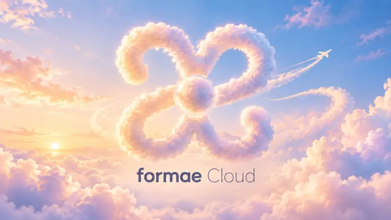 The formae mark drawn in cloud above a sunset, with formae Cloud written beneath it
